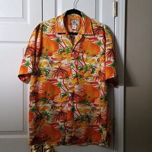 Blue Gear  orange floral Hawaiian button down shirt cruise vacation Sz M NWOT